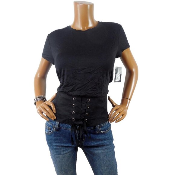 INC Top M New $64 Black Lace Up Cropped Shirt Stretch Blouse Short Sleeve Casual - Picture 1 of 7